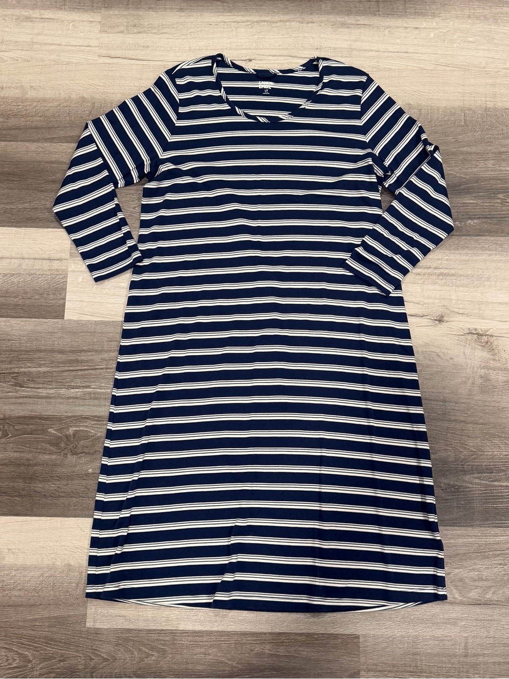 Lands' End Women's Navy White Striped Long Sleeve 100% Cotton Dress Size L/P